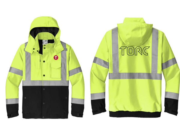Torc: ADULT ANSI 107 Class 3 Waterproof Insulated Ripstop Bomber Safety Jacket (Embroidered Front/Back)